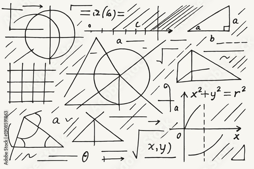 Abstract mathematics illustration with geometric constructions, coordinate systems, graphs and formulas. Hand-drawn STEM background for education, textbooks and academic design.