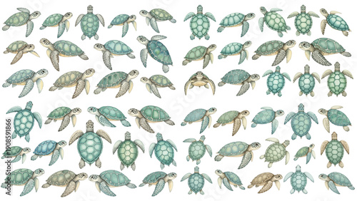 A charming watercolor collection of ocean wildlife, including sea turtles in various poses, soft coastal colors, and gentle marine details.