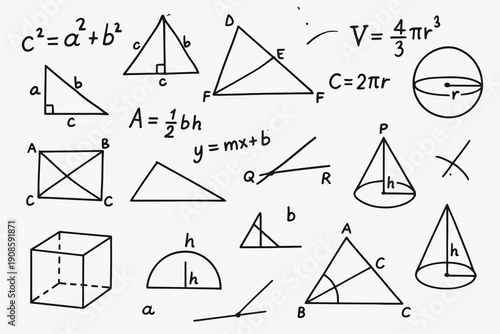 Geometry illustration with triangles, cube, cone, circle and mathematical formulas. Educational math diagram in hand-drawn line style for school textbooks and STEM materials.