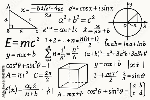 Mathematics illustration with algebra equations, geometry diagrams, trigonometry formulas and cube drawing. Educational STEM graphic for textbooks, classroom and academic design.