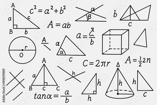Geometry illustration with triangles, cube, circle, cone and mathematical formulas. Educational math diagram in hand-drawn line style for school, textbooks and STEM materials.