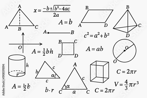 Mathematics illustration with geometric shapes, algebra formulas and area calculations. Educational math diagram featuring triangles, cube, circle and equations in line style.
