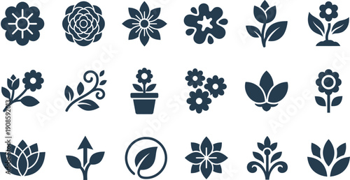 Diverse collection of elegant floral and botanical vector icons, perfect for natural design elements and organic symbols