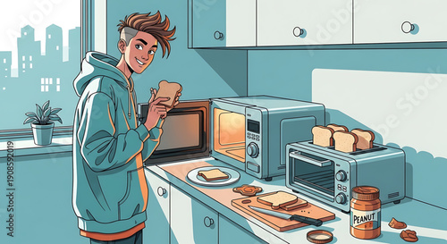 Young man in kitchen preparing toast with toaster and microwave on countertop with city view
