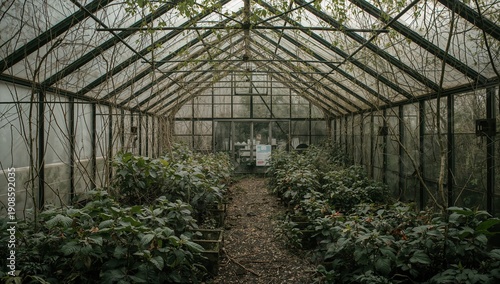 Old Greenhouse With Plants and Vines in a State of Disrepair During a Cloudy Day