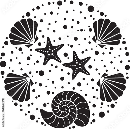 Sea Shells and Starfish Circular Composition Illustration, Black and White Marine Life Silhouette Graphic