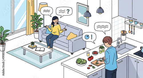 Couple in modern living room and kitchen with food and conversation bubbles floating above them in a domestic scene