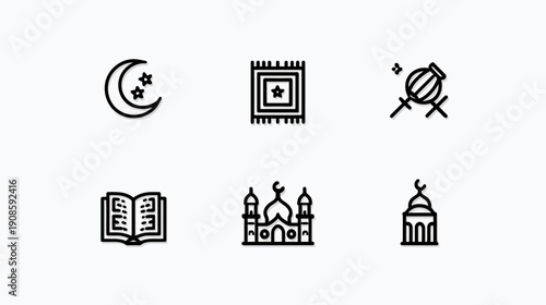 Islamic religious icons set with mosque, Quran, crescent moon, prayer mat, and lantern. Perfect for cultural, spiritual, and Ramadan designs.