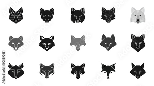 Diverse set of stylized fox head icons, vector illustrations for modern design, featuring geometric and abstract animal portraits.