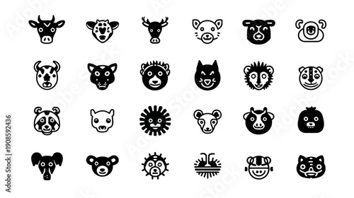 Diverse set of minimalist black and white animal head icons. Simple vector graphics collection for wildlife, nature, and pet-related designs.