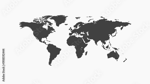 Minimalist World Map Silhouette Design Element. Global International Geography Symbol on White Background, Earth Continent Outline.