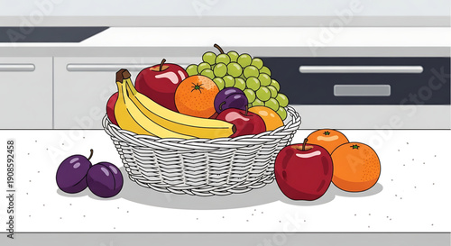 Colorful illustration of a wicker basket filled with various fruits on a kitchen countertop with fruit scattered around it