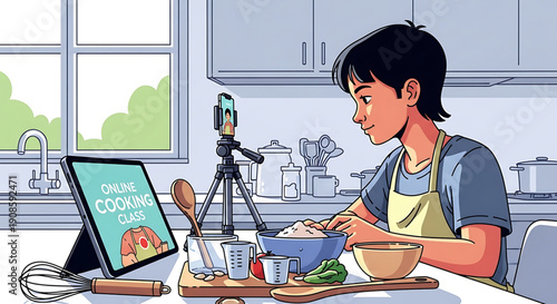 A woman in a kitchen recording a cooking video on her smartphone