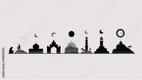 Ramadan daily time schedule silhouette, fasting routine concept vector
