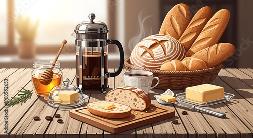 A rustic wooden table with a basket of fresh bread, butter, honey, and a french press coffee maker on it, with a sunny window in the background