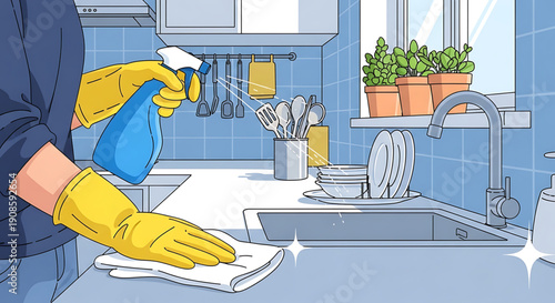 A person wearing yellow gloves cleaning a kitchen countertop with a blue spray bottle and white cloth