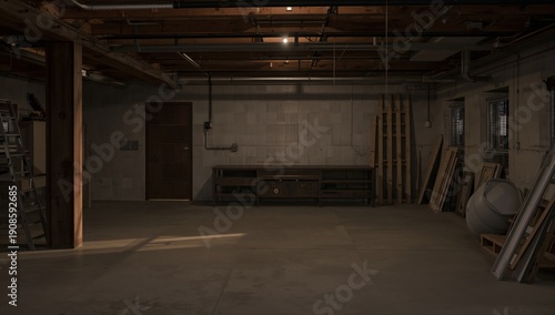 Empty Garage Space With Tools and Wooden Panels in a Basement During Daylight Hours