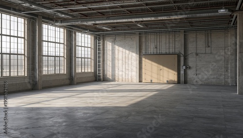 Sunlight Enters an Empty Warehouse With Large Windows and a Concrete Floor During the Day