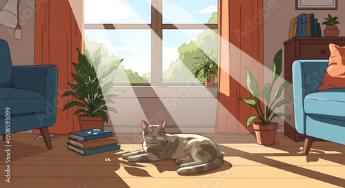 A serene indoor scene featuring a cat lounging on the floor of a cozy living room with plants and furniture by the window