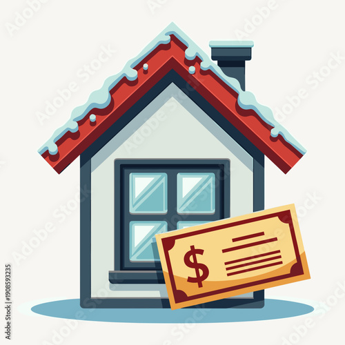 showing house icon with snowy roof and  bank note, copy space