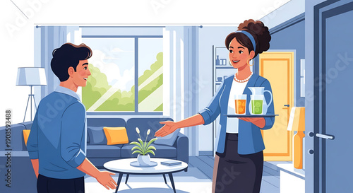 A woman and a man interacting in a living room with a coffee table and couch in the background with a window