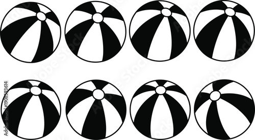 Collection of eight beach ball silhouettes with alternating curved segments, ideal for summer design, recreational artwork, playful illustration, and creative decorative vector projects