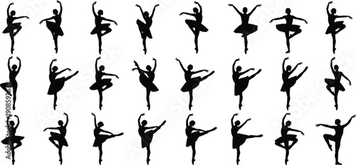 Elegant ballet dancer silhouettes collection showcasing classical poses, pirouettes, arabesques, and graceful movements in vector style for dance, performance, art, and design projects.