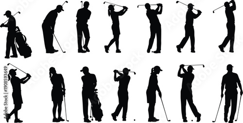 Dynamic collection of twelve golf player silhouettes showcasing diverse swings, stances, and postures, perfect for sports design, instructional visuals, and athletic lifestyle creative projects