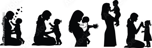 Heartwarming collection of five mother and child silhouettes showing affection, bonding, nurturing care, and playful interaction, perfect for family design, parenting visuals,