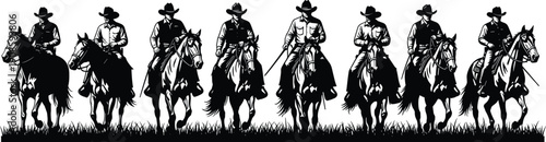 Iconic collection of eight cowboy silhouettes riding horses in western style, perfect for American West design, cultural artwork, ranch lifestyle visuals, and frontier concepts