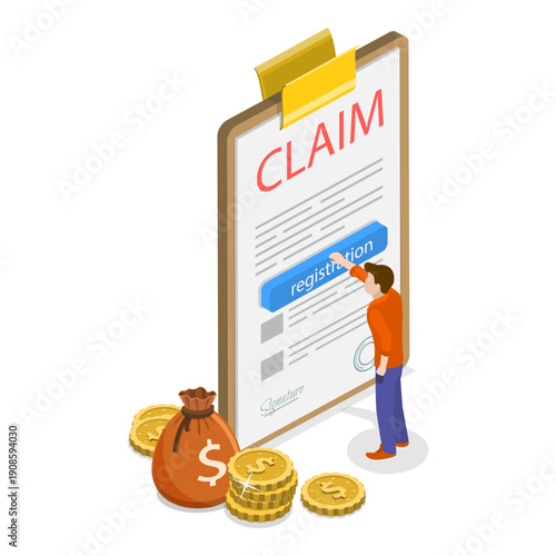 3D Isometric Flat Vector Illustration of Registration Of Claim, Insurance Reimbursement. Item 2