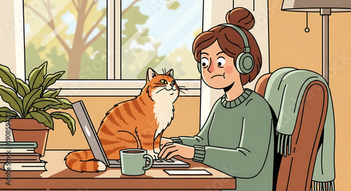 Woman wearing headphones working on laptop with curious cat sitting beside her on desk at home office