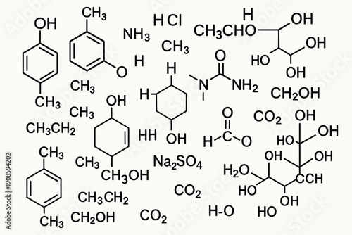 Chemical formulas and molecular structures background with organic compounds and elements in black outline scientific illustration style.