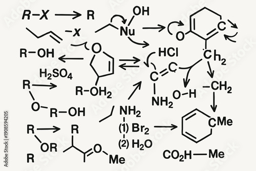 Hand drawn organic chemistry reaction schemes with molecular structures, arrows and formulas in black sketch style on light background, scientific illustration.