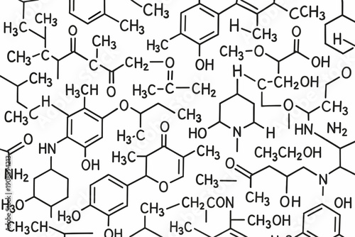 Seamless organic chemistry background with complex molecular structures, chemical bonds and formulas in black line art on light backdrop, scientific pattern.