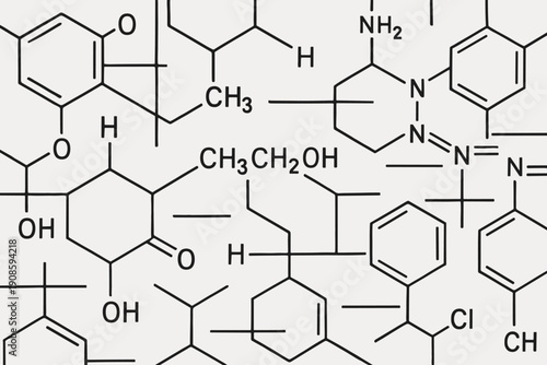 Seamless chemistry pattern with detailed organic molecular structures and chemical formulas in black line art on light background, scientific backdrop design.