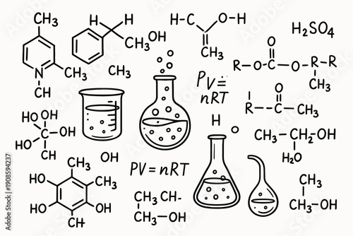 Black and white hand drawn chemistry illustration with laboratory flasks, beakers, molecular structures, chemical formulas and equations on light background.