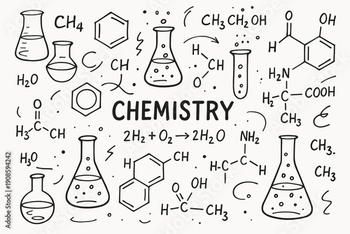 Hand drawn chemistry background with laboratory flasks, molecular formulas, reaction equations and chemical structures in black and white sketch style.