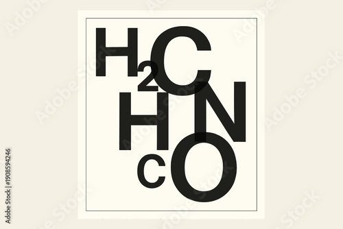 Minimalist chemistry typography poster featuring H2, C, H, N and CO chemical symbols arranged in bold black letters on light background, modern science design.