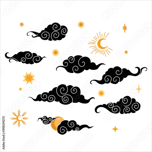 Tibetan sky. Smoke. Set Black Asian cloud with moon, sun and stars. Japanese Korean Chinese cloud style. Asian traditional ornaments. Vector illustration