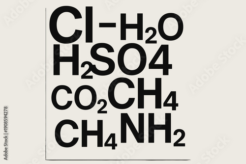 Modern abstract science typography poster featuring bold black chemical formulas and element symbols on white background. Minimalistic academic design inspired by chemistry, laboratory research