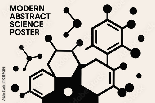 Modern abstract science poster with molecular structures and chemical bonds in bold black line style. Minimal chemistry illustration for education, research and academic design.