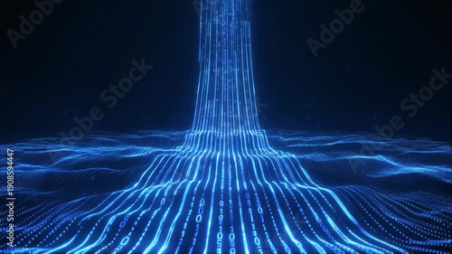 Blue binary data waves traveling upward glowing light paths seamless futuristic cinematic surreal ethereal ambience cascading softly glowing abstract unique style ultra realistic loop