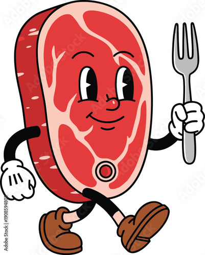 A cheerful vintage cartoon raw steak character with a smiling face, walking and holding a silver fork, isolated flat vector illustration on white background.