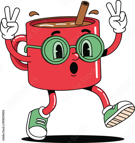 A cheerful vintage cartoon red coffee mug character with green glasses and sneakers, walking and giving peace signs, isolated on a white background.