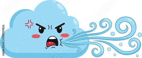 Angry Cartoon Cloud Character Blowing Strong Wind Gusts with Grumpy Facial Expression for Stormy Weather Forecast Bad Weather Conditions and Negative Emotion Concept Design