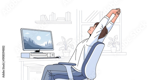Man sitting at desk stretching arms up in office with computer and books on table