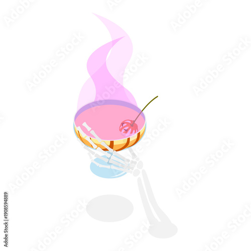 3D Isometric Flat Vector Illustration of Halloween Drinks, Collection Of Skeleton Hands Holding Spooky Halloween Coctails. Item 1