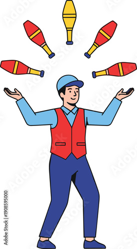 Flat Vector Illustration of a Circus Performer Juggling Five Colorful Clubs with Skill and Precision for Entertainment Performance and Talent Show Concept Design