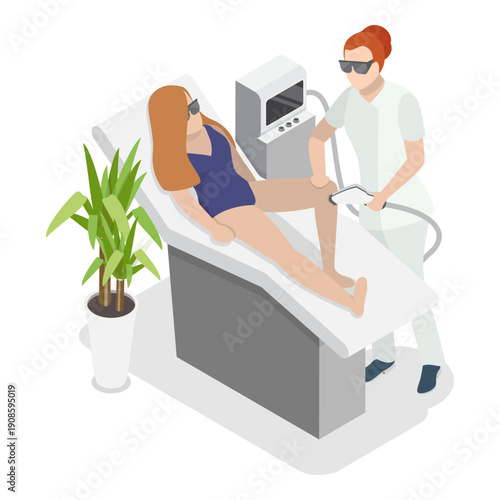 3D Isometric Flat Vector Illustration of Hair Removal, Young Women Performing Beauty Procedures. Item 1